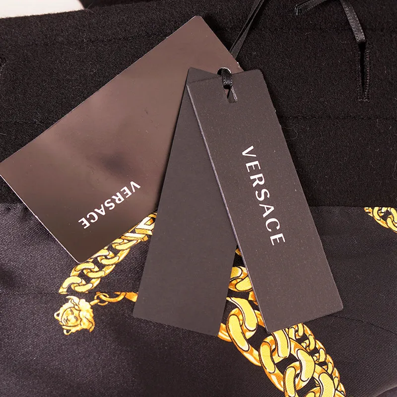 36 (US 2) NEW $3190 VERSACE Woman Black 100% WOOL Belted COAT w/ LOGO PRINT LINING