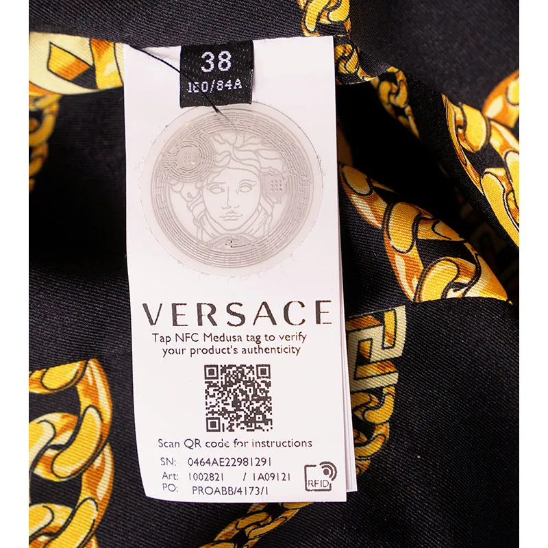 36 (US 2) NEW $3190 VERSACE Woman Black 100% WOOL Belted COAT w/ LOGO PRINT LINING