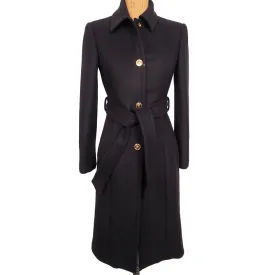 36 (US 2) NEW $3190 VERSACE Woman Black 100% WOOL Belted COAT w/ LOGO PRINT LINING