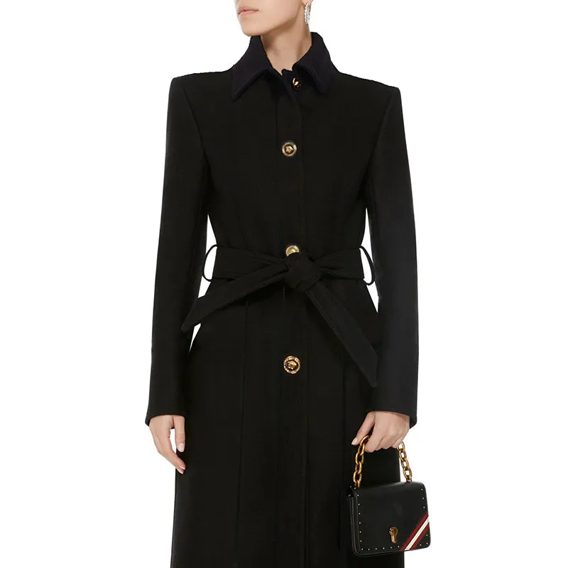 36 (US 2) NEW $3190 VERSACE Woman Black 100% WOOL Belted COAT w/ LOGO PRINT LINING