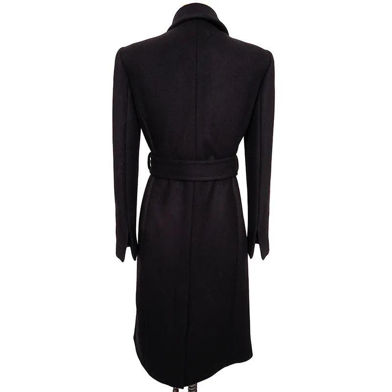 36 (US 2) NEW $3190 VERSACE Woman Black 100% WOOL Belted COAT w/ LOGO PRINT LINING
