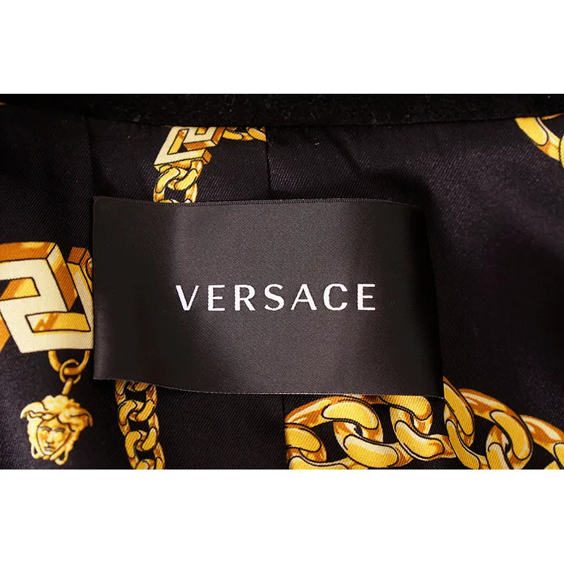 36 (US 2) NEW $3190 VERSACE Woman Black 100% WOOL Belted COAT w/ LOGO PRINT LINING