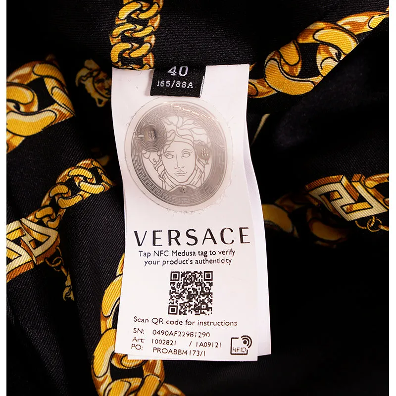 36 (US 2) NEW $3190 VERSACE Woman Black 100% WOOL Belted COAT w/ LOGO PRINT LINING