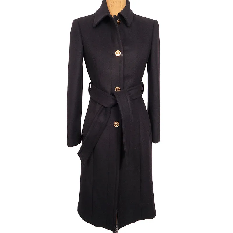 36 (US 2) NEW $3190 VERSACE Woman Black 100% WOOL Belted COAT w/ LOGO PRINT LINING
