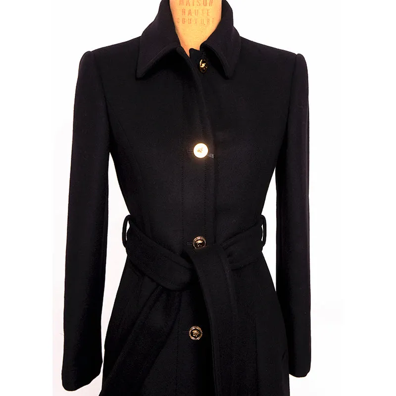 36 (US 2) NEW $3190 VERSACE Woman Black 100% WOOL Belted COAT w/ LOGO PRINT LINING