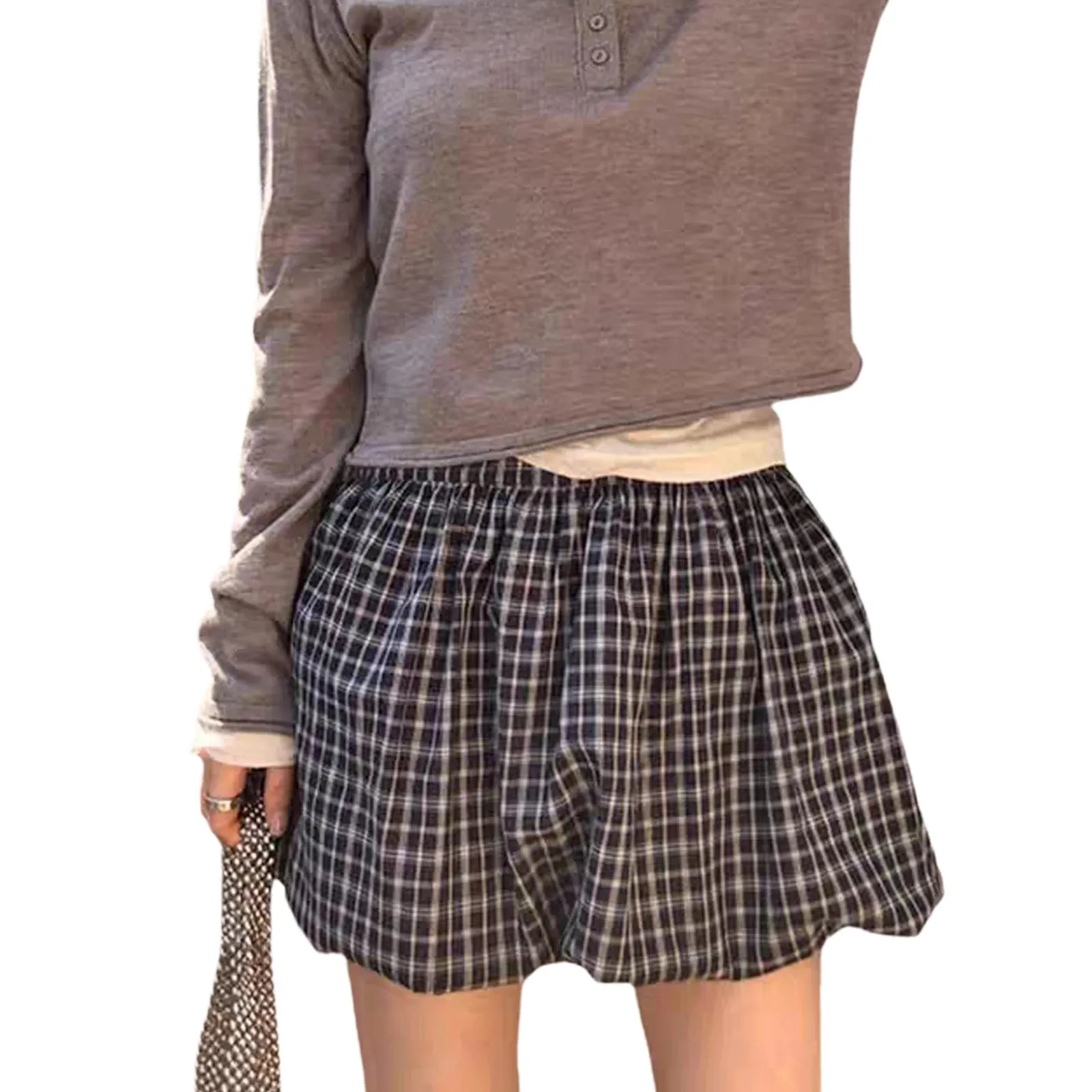 Back To School Joskaa Women's Y2K Summer Bubble Skirt Casual Solid Color/Plaid Print Elastic Mini A-Line Puffball Skirts Beach Streetwear