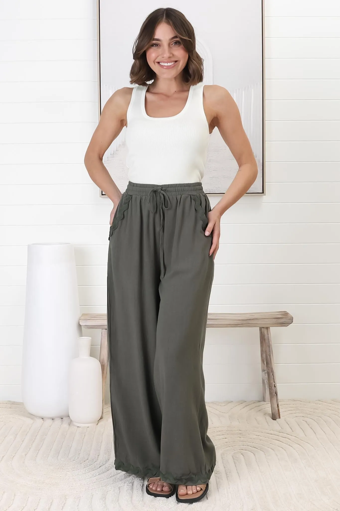 Bailie Linen Pants - Rick Rack Detailed Straight Leg Pants in Khaki