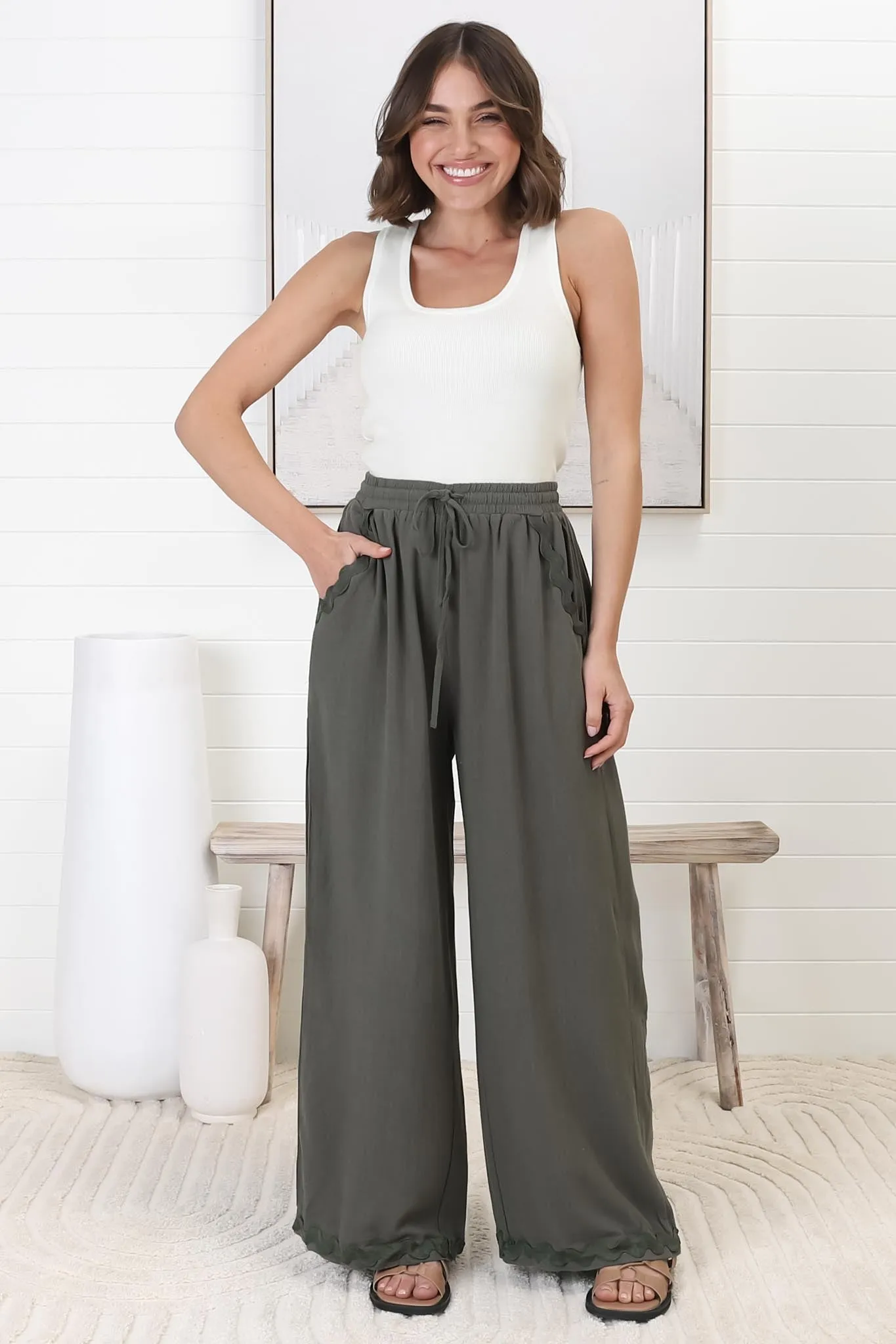 Bailie Linen Pants - Rick Rack Detailed Straight Leg Pants in Khaki