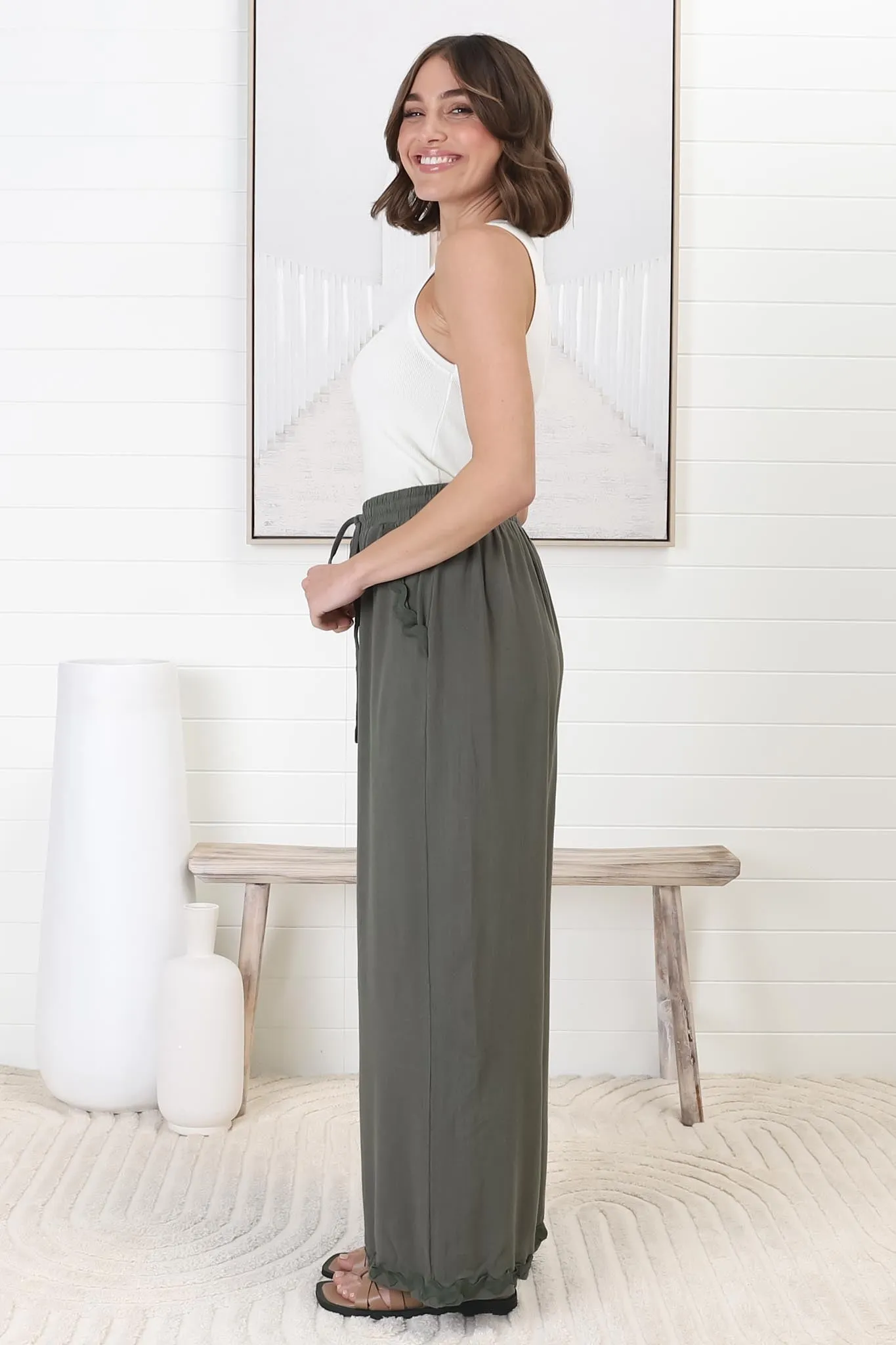 Bailie Linen Pants - Rick Rack Detailed Straight Leg Pants in Khaki