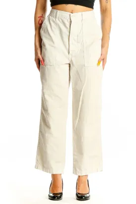 Beige Cotton Wide-Leg Pants