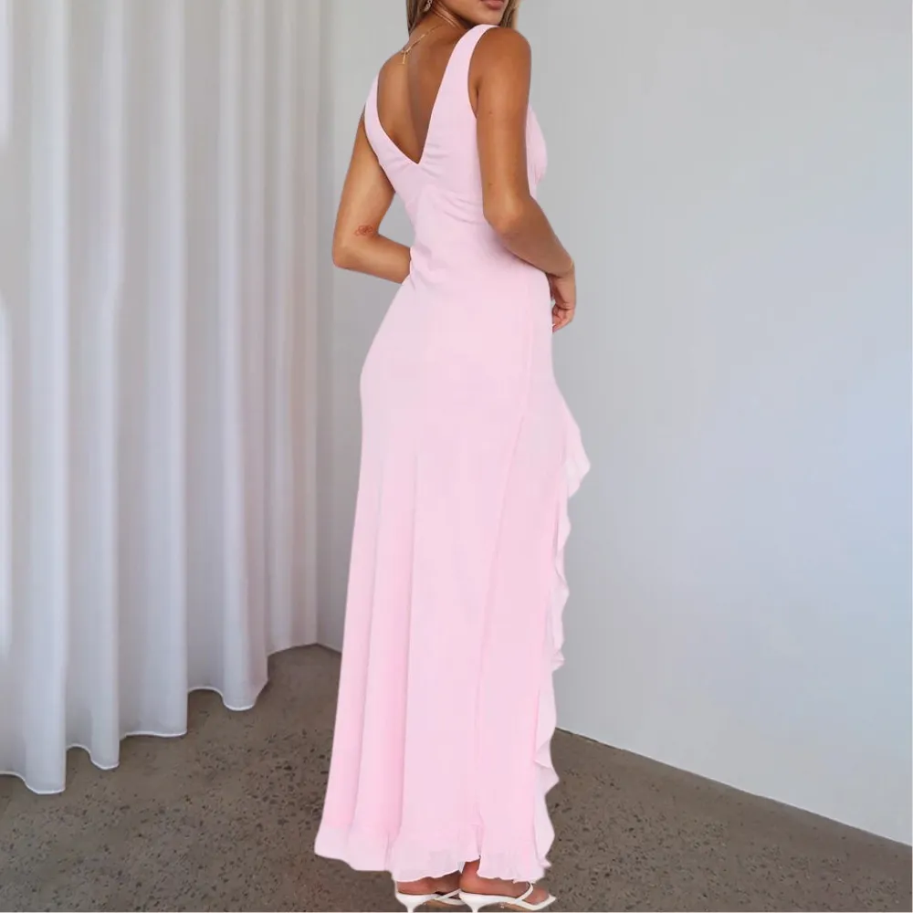 BelleFemme Elegant Sleeveless V-Neck Dress with High-Low Hem