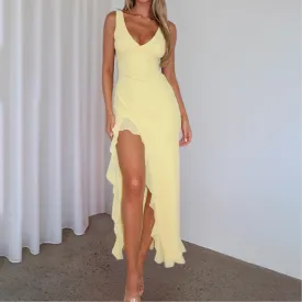 BelleFemme Elegant Sleeveless V-Neck Dress with High-Low Hem