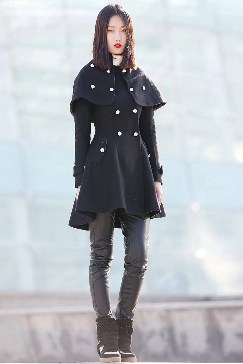 Black Wool  Cape  Asymmetrical Coat Wth Double Breasted  C187