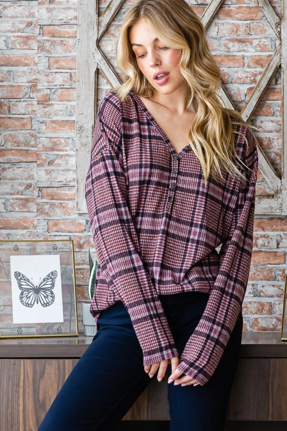 Blue Zone Planet |  Heimish Full Size Plaid V-Neck Long Sleeve Top