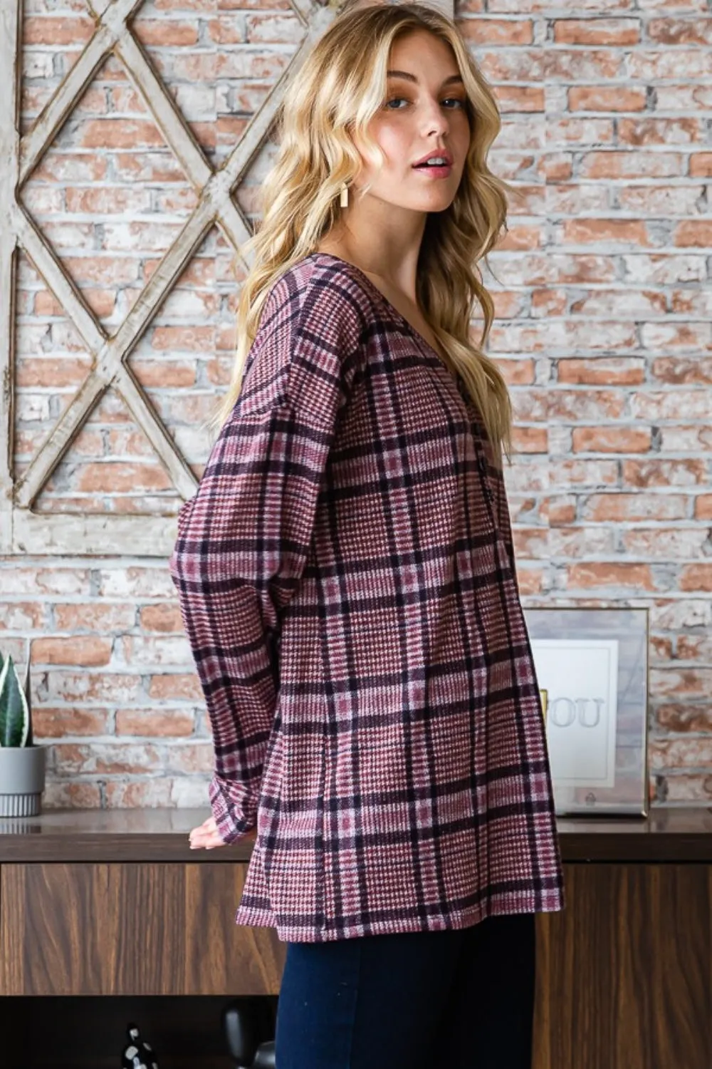 Blue Zone Planet |  Heimish Full Size Plaid V-Neck Long Sleeve Top