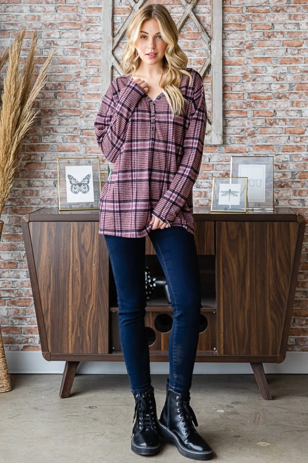 Blue Zone Planet |  Heimish Full Size Plaid V-Neck Long Sleeve Top
