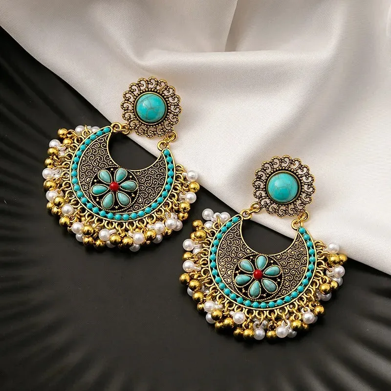 Bohemian Fashion Pearl Beads Tassel Vintage Hoop Earring (E838)