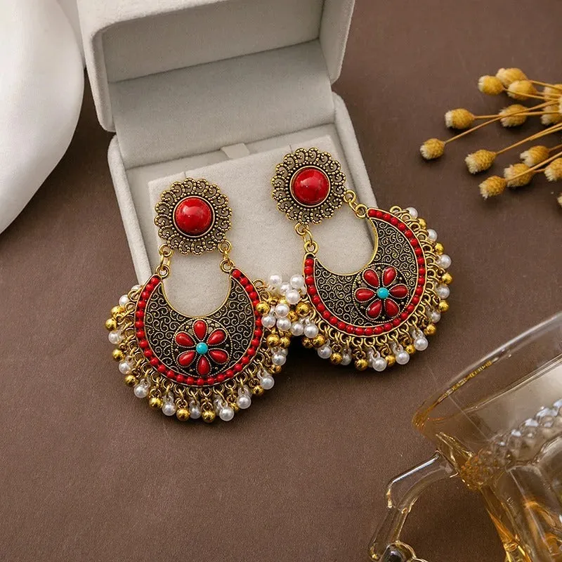 Bohemian Fashion Pearl Beads Tassel Vintage Hoop Earring (E838)