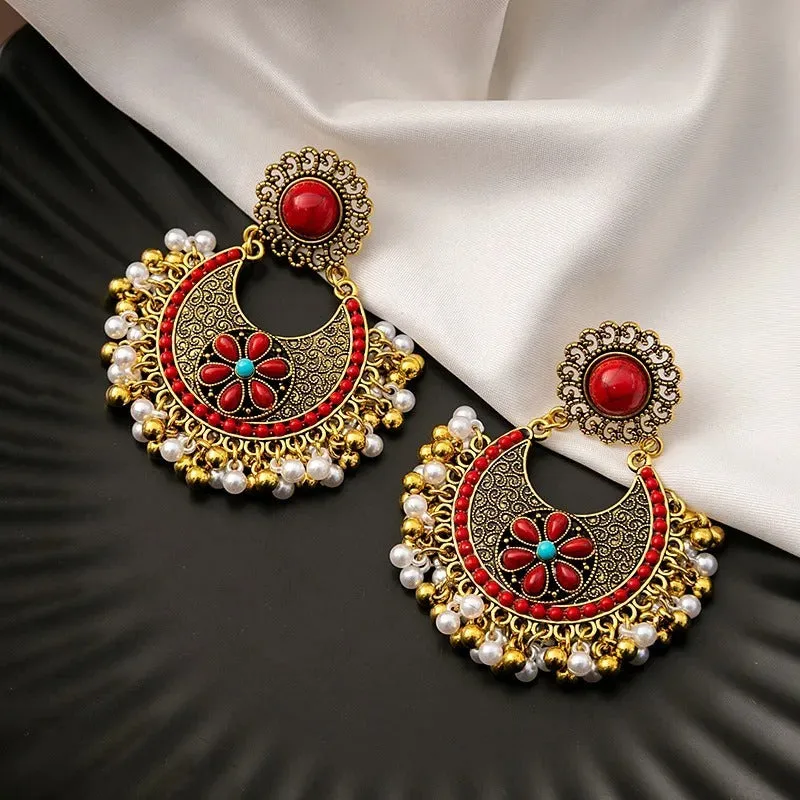 Bohemian Fashion Pearl Beads Tassel Vintage Hoop Earring (E838)
