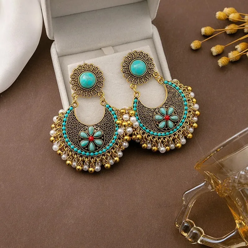 Bohemian Fashion Pearl Beads Tassel Vintage Hoop Earring (E838)