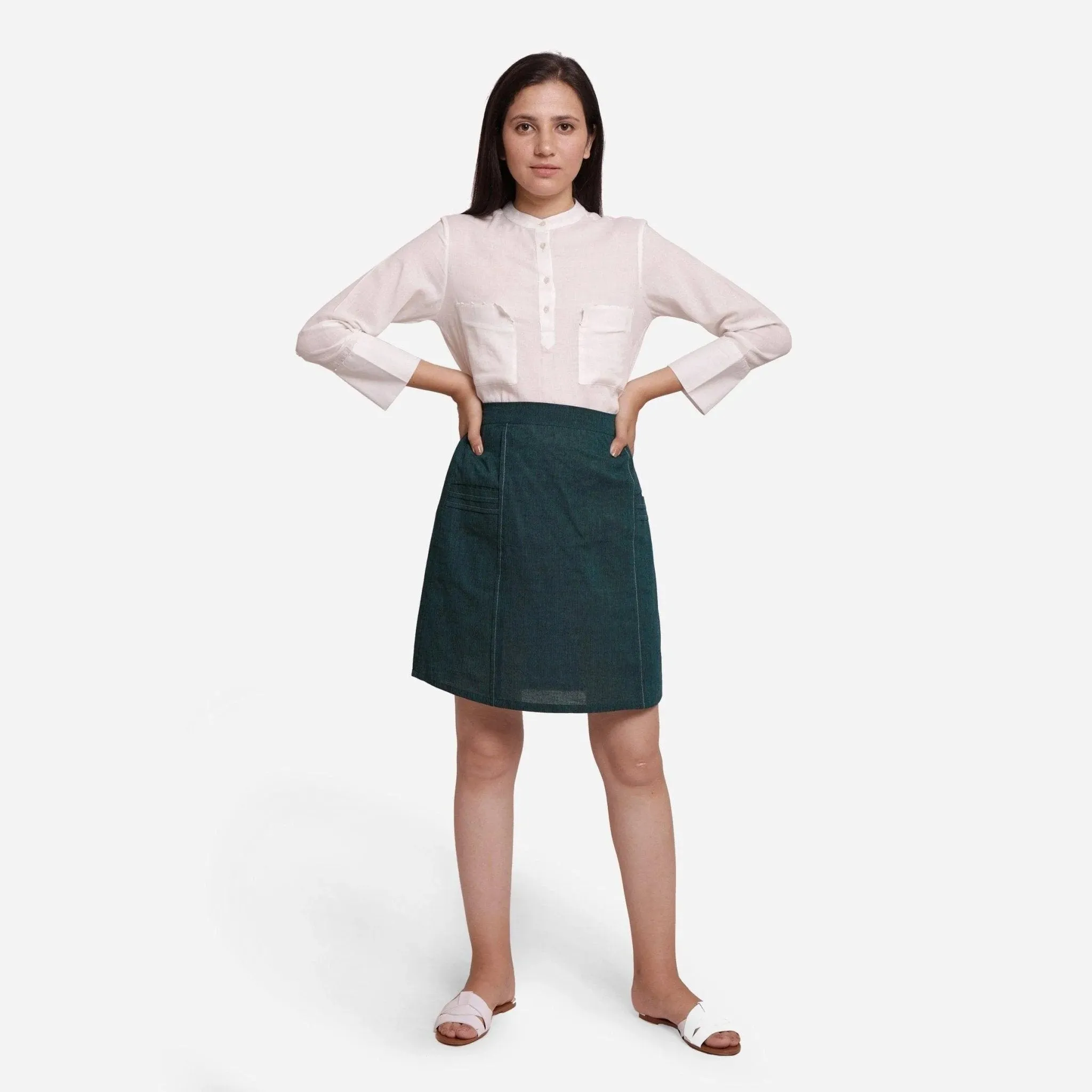 Bottle Green Cotton Mangalgiri Elasticated Short Pencil Skirt