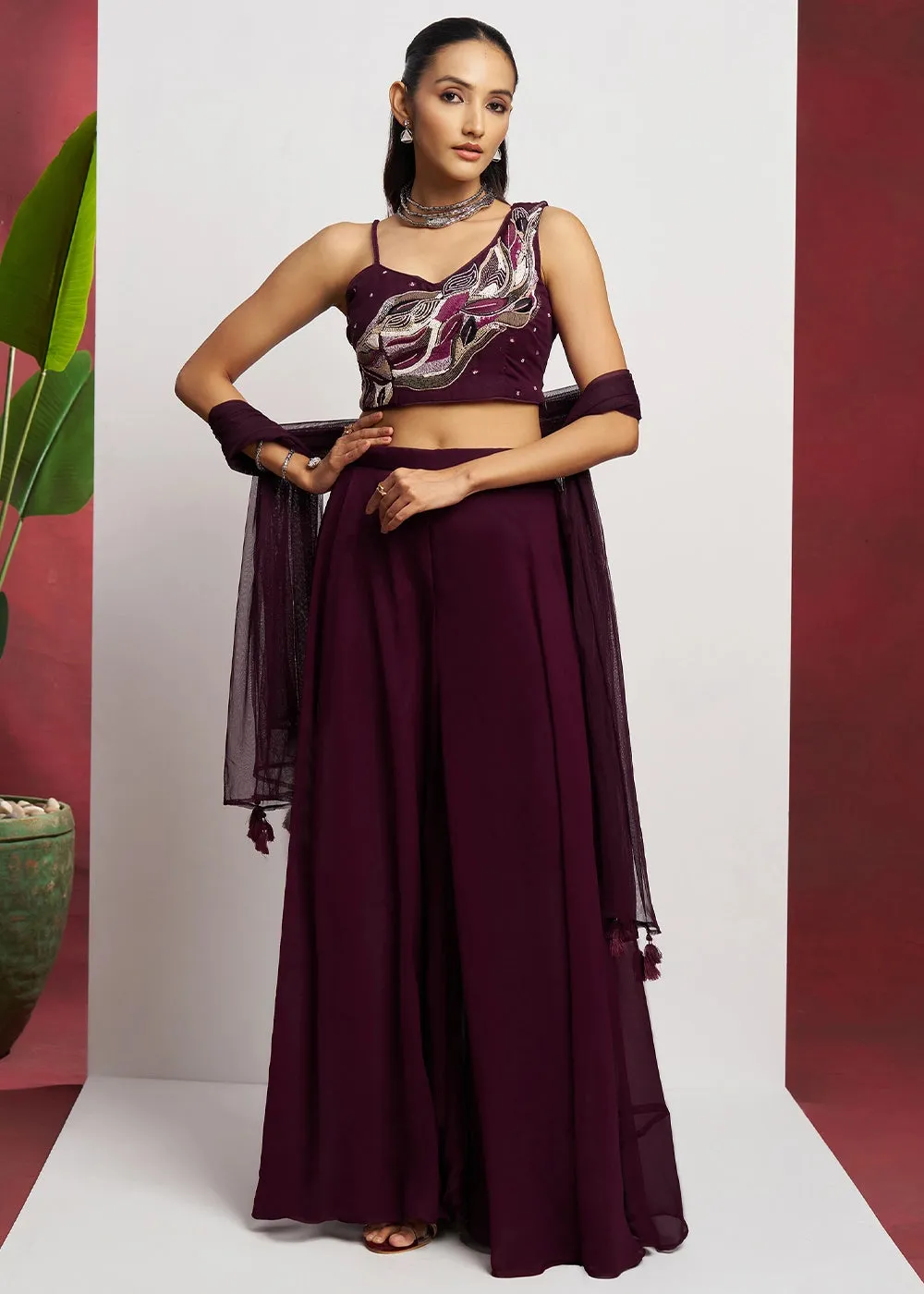 Boysenberry purple georgette sharara set featuring traditional khatli detailing and contemporary styling