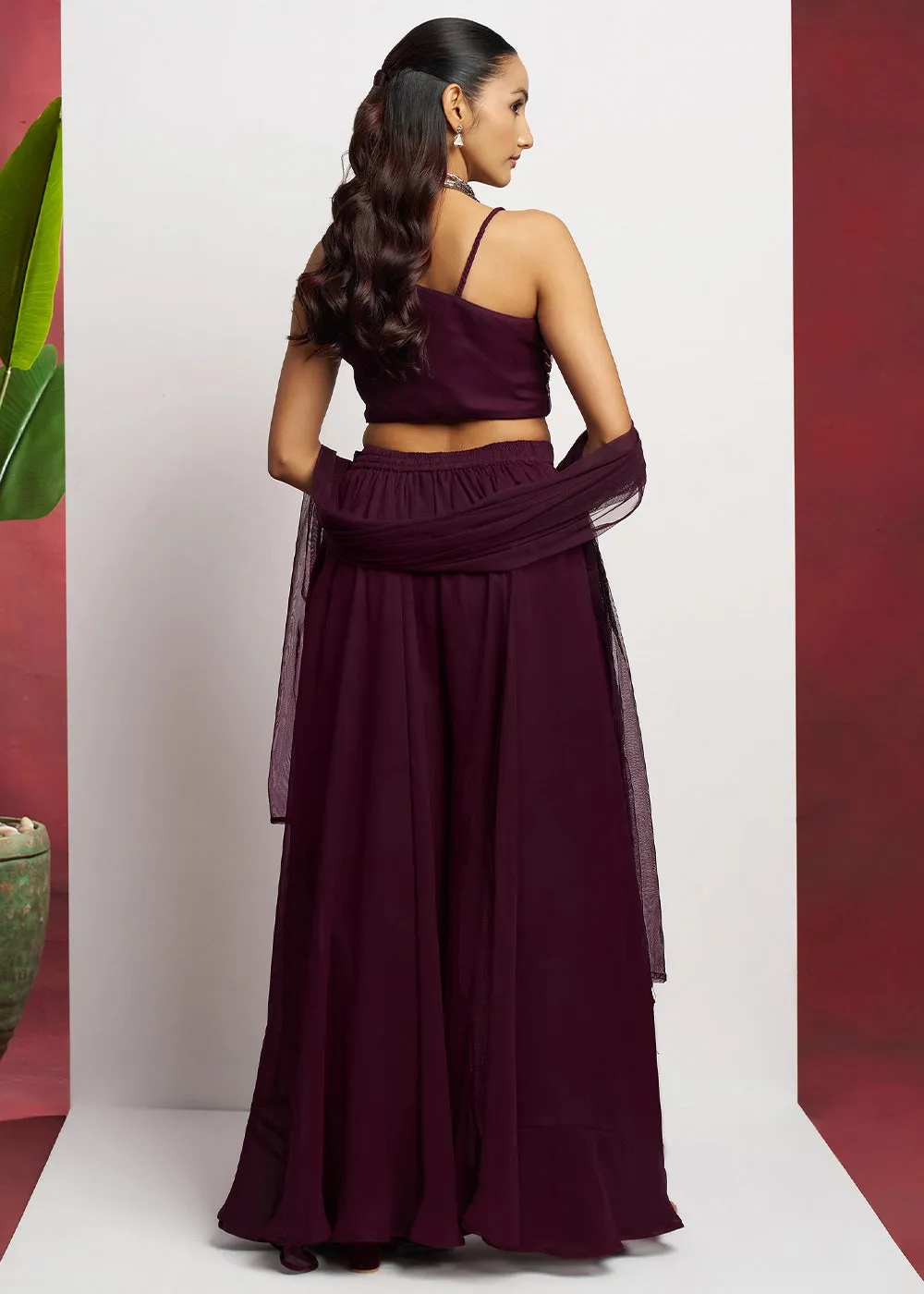 Boysenberry purple georgette sharara set featuring traditional khatli detailing and contemporary styling
