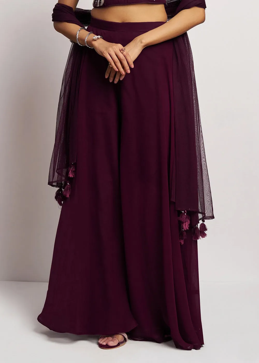 Boysenberry purple georgette sharara set featuring traditional khatli detailing and contemporary styling