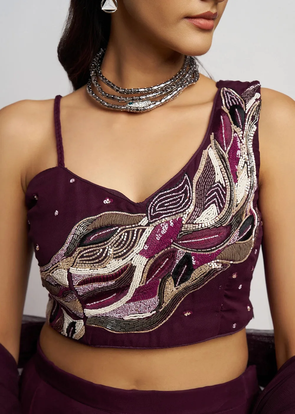 Boysenberry purple georgette sharara set featuring traditional khatli detailing and contemporary styling
