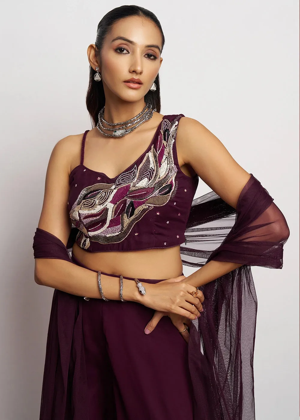 Boysenberry purple georgette sharara set featuring traditional khatli detailing and contemporary styling