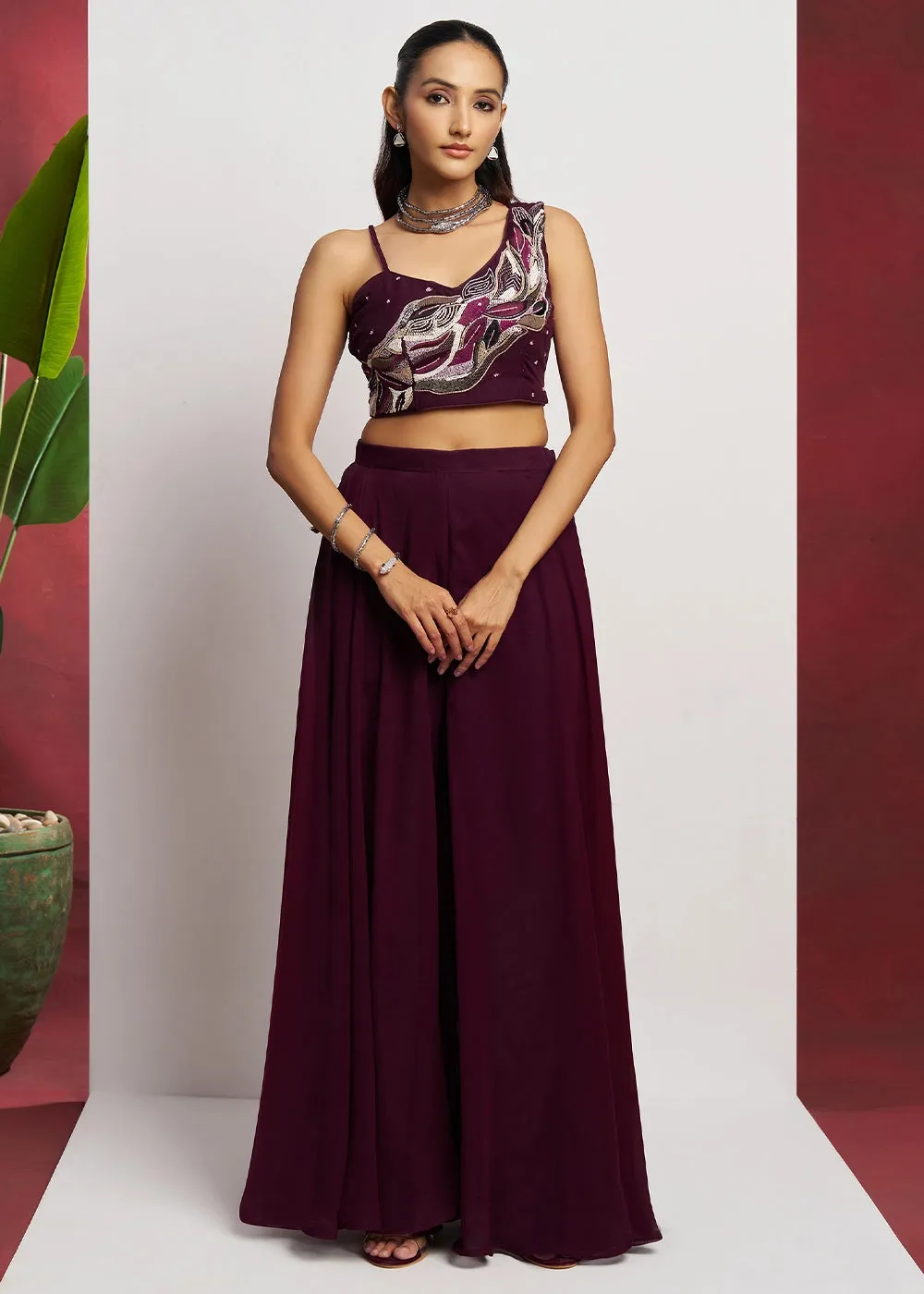 Boysenberry purple georgette sharara set featuring traditional khatli detailing and contemporary styling