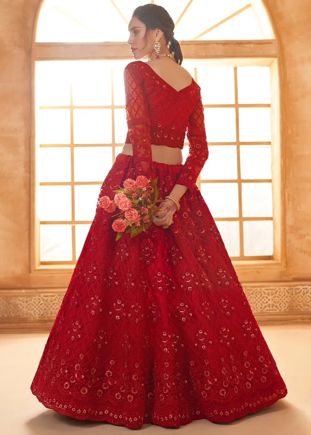 Bridal Red Embroidered Lehenga Choli with Stone Work and Cording Details
