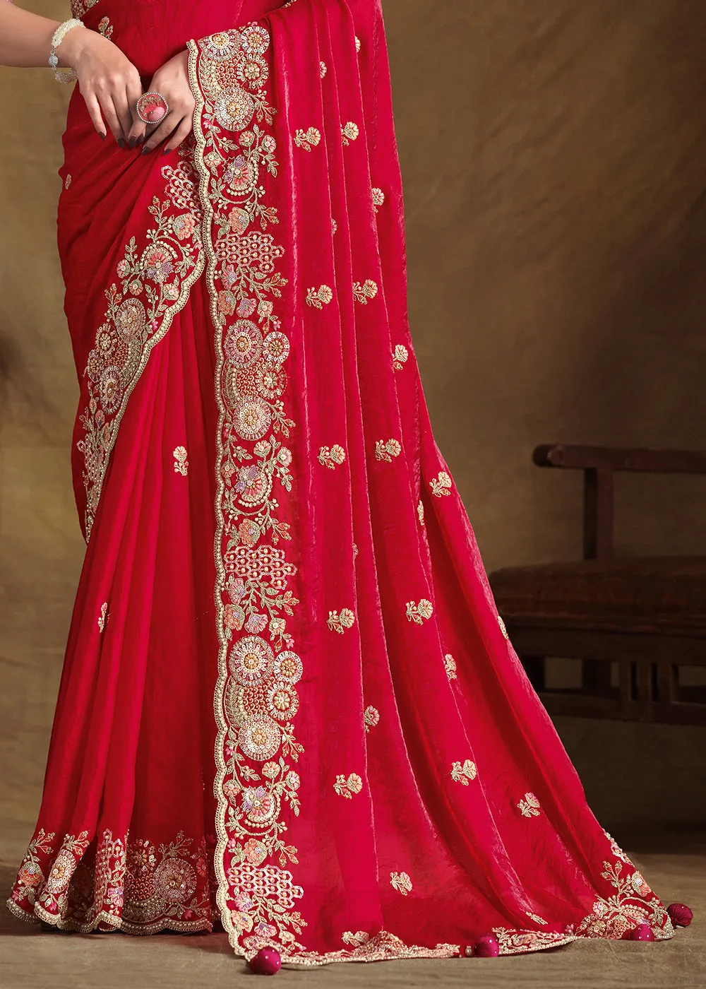 Bridal Red Saree in Satin Silk with Handwork and Embellishments