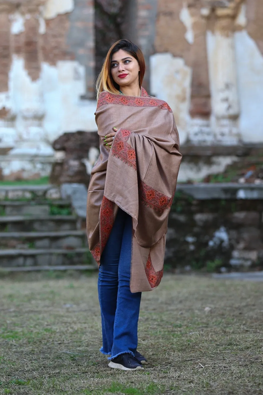 Burning Brown Colour  Kashmiri Sozni Shawl Embellished With Designer Four Sided Running Border.