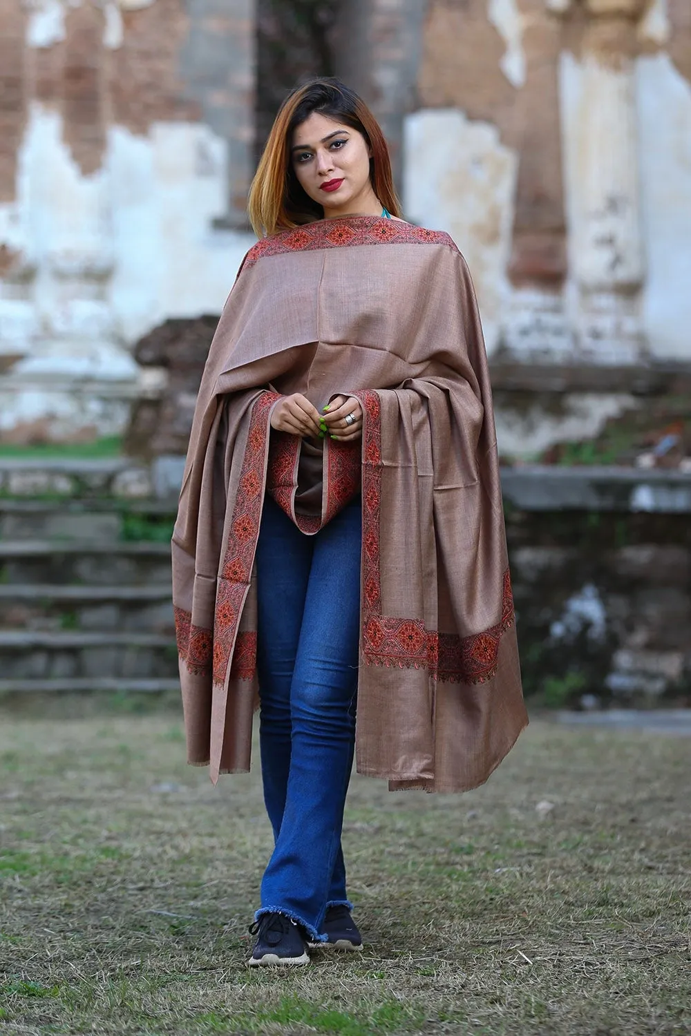 Burning Brown Colour  Kashmiri Sozni Shawl Embellished With Designer Four Sided Running Border.