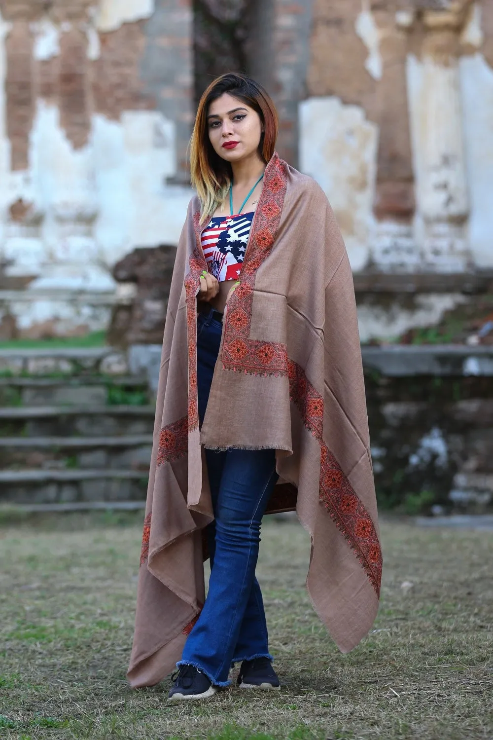 Burning Brown Colour  Kashmiri Sozni Shawl Embellished With Designer Four Sided Running Border.