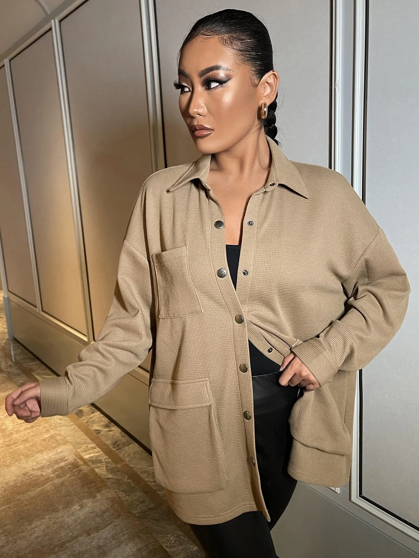 Casual Plain Button Long Sleeve Collar Long Women Coat