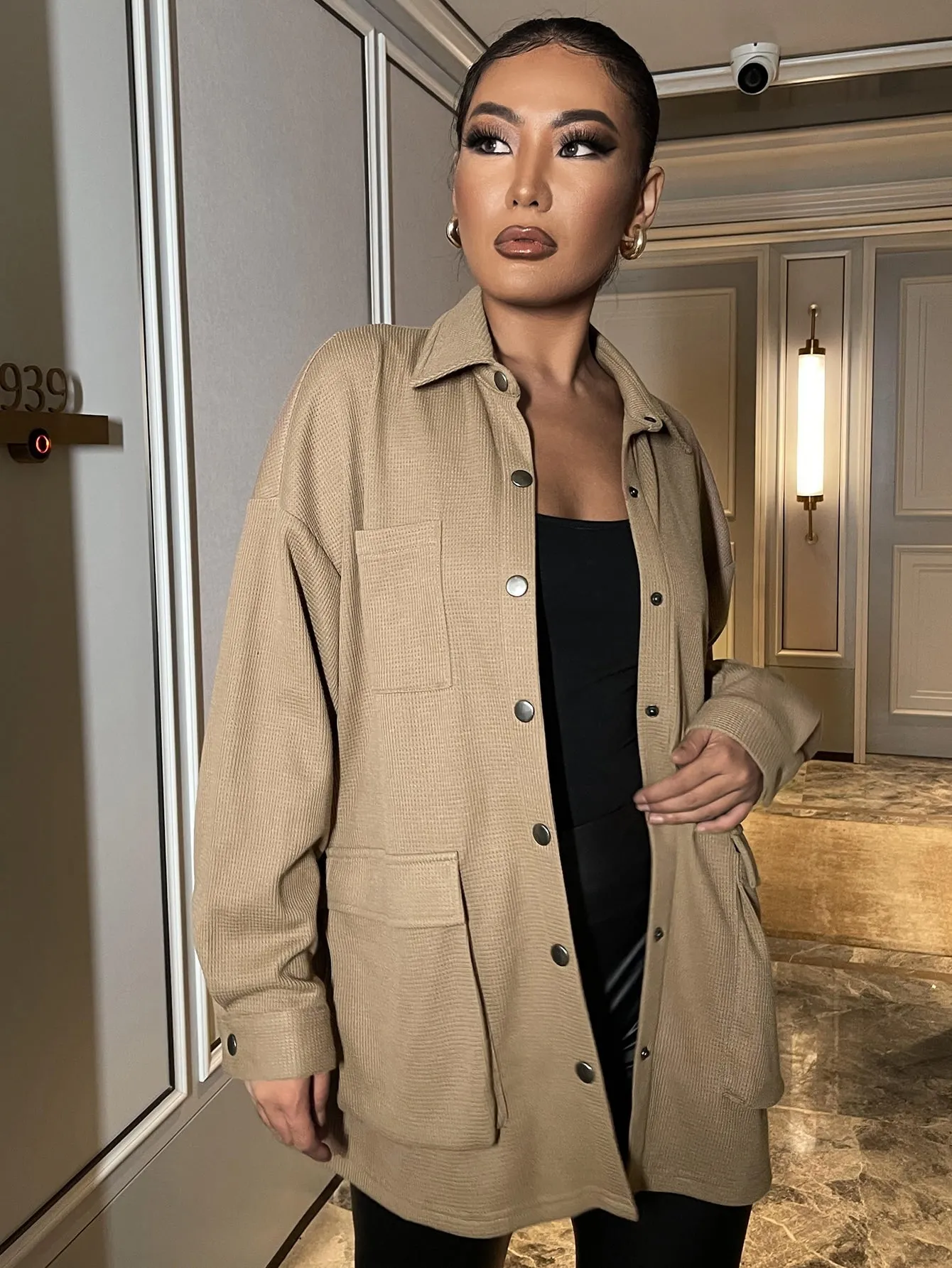 Casual Plain Button Long Sleeve Collar Long Women Coat