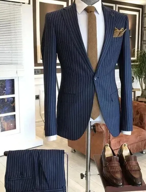 Chic Notch Lapel One Button Pinstripe Men Suits Two Piece Business Casual Navy Blue Suit Slim Fashion Groom Wedding Tuxedo
