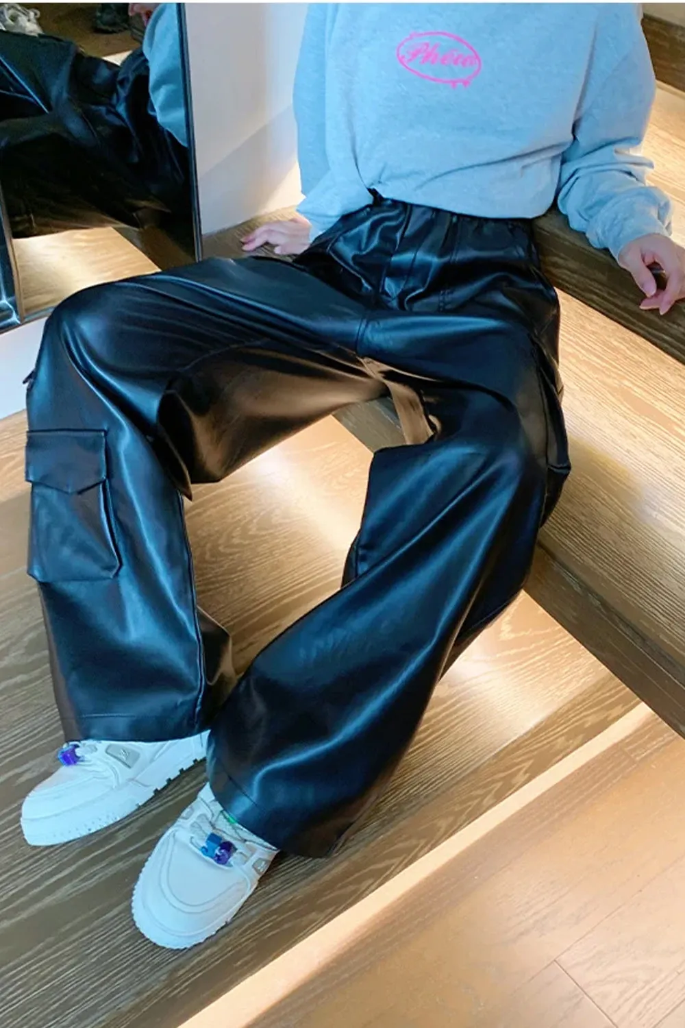 Chicmy-Graduation gift, Coachella Valley Music Festival Look,Elastic Waist Loose Cargo Multi Pockets Leather Pants