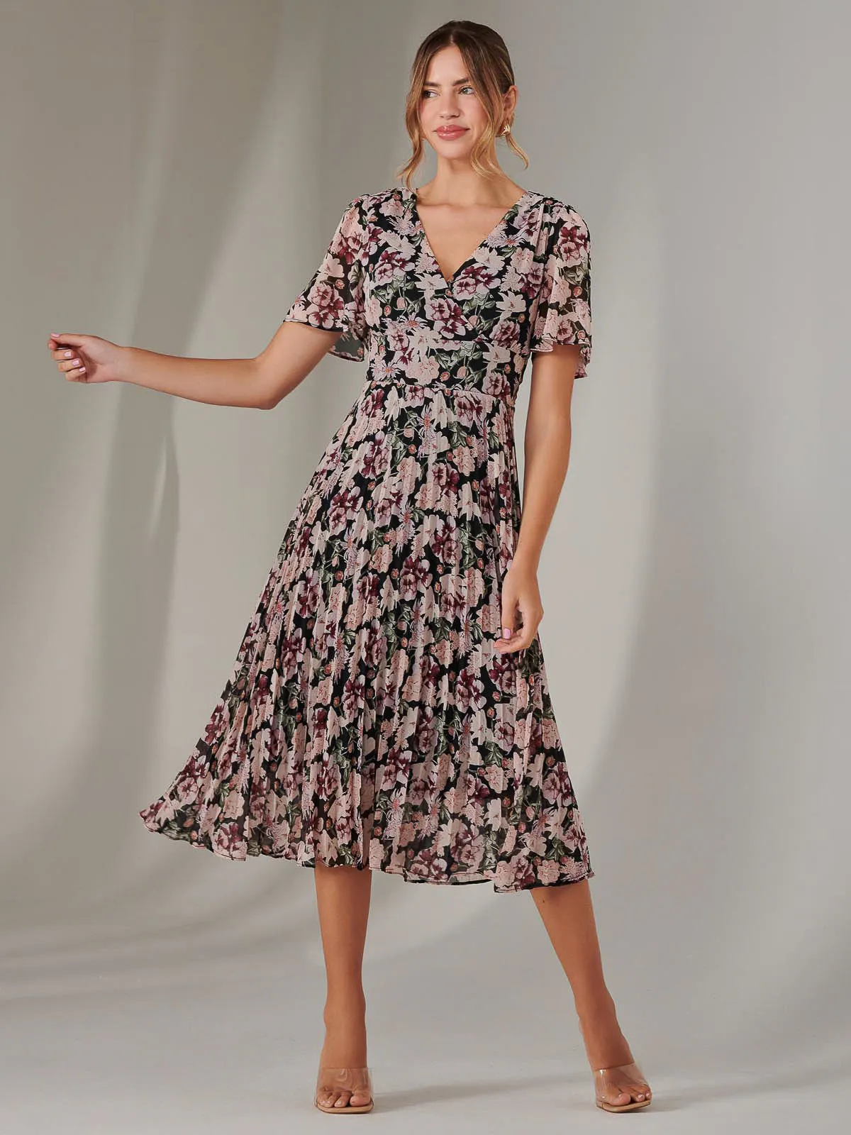 Chiffon Pleated Wrap Midaxi Dress, Black Floral