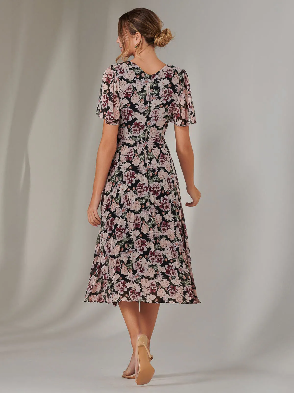 Chiffon Pleated Wrap Midaxi Dress, Black Floral