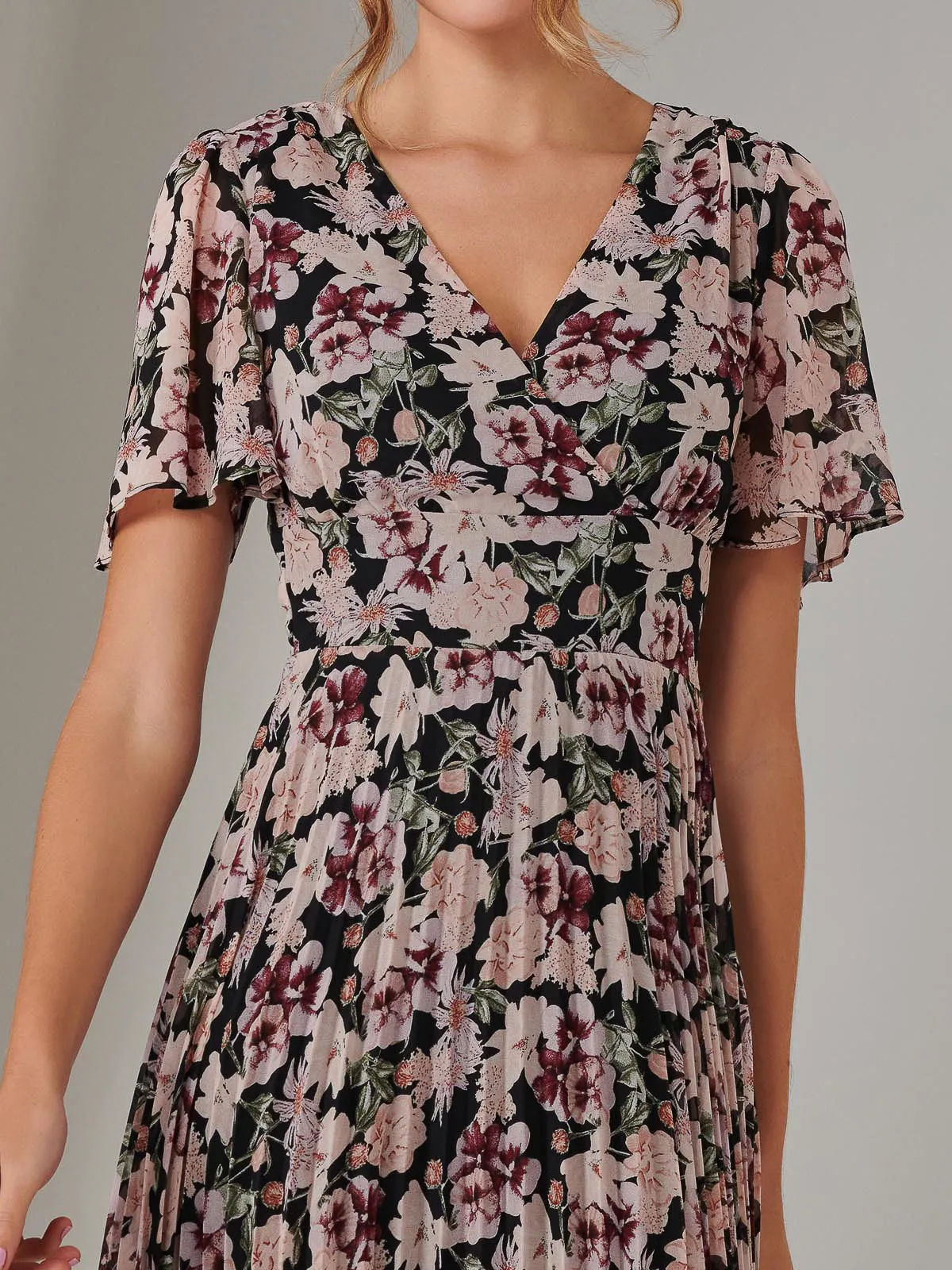 Chiffon Pleated Wrap Midaxi Dress, Black Floral