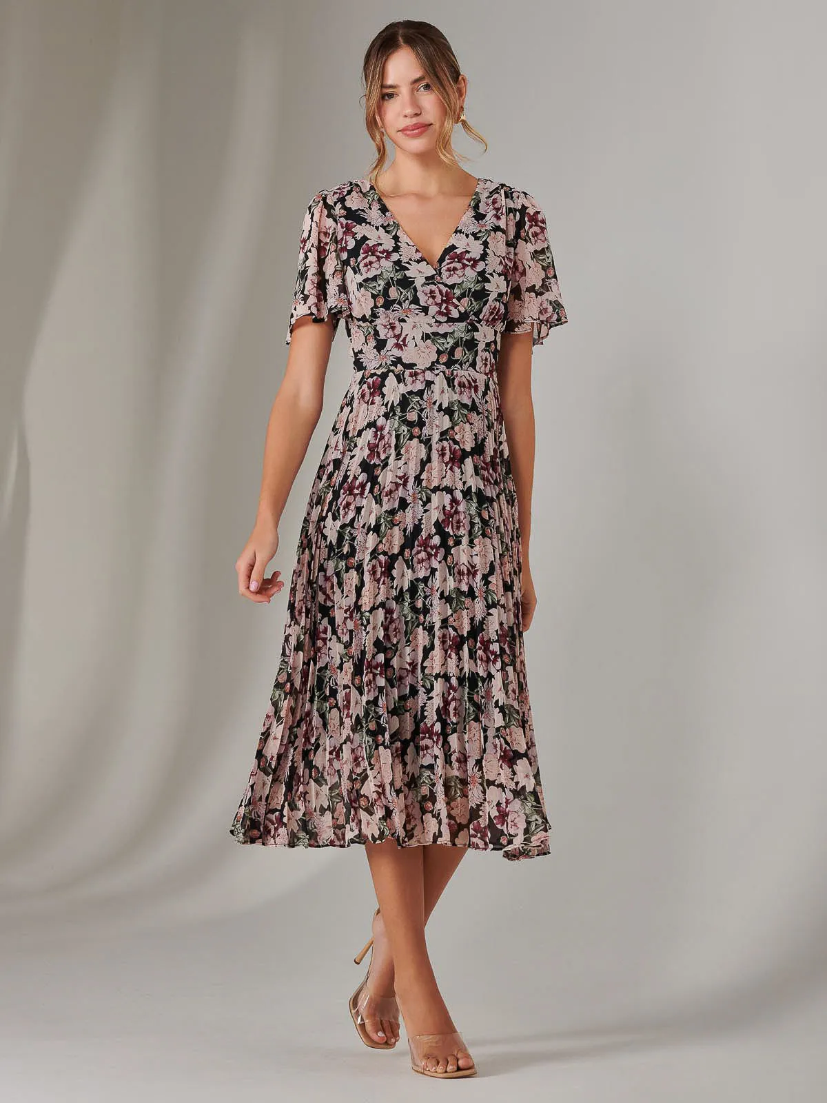Chiffon Pleated Wrap Midaxi Dress, Black Floral
