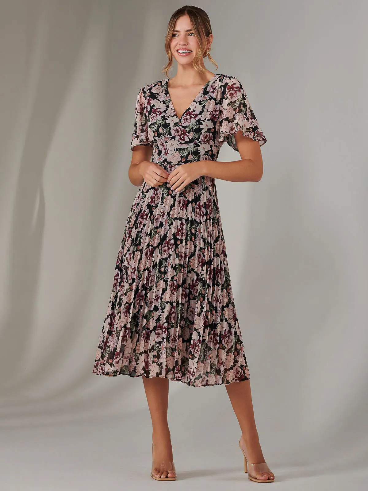Chiffon Pleated Wrap Midaxi Dress, Black Floral