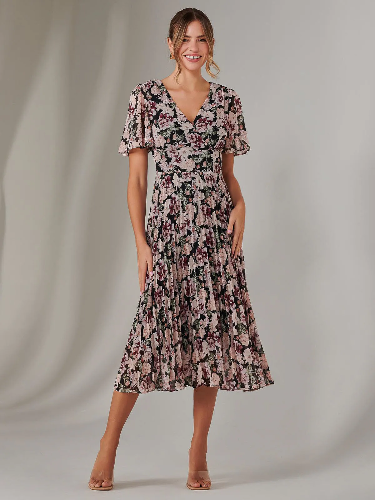 Chiffon Pleated Wrap Midaxi Dress, Black Floral