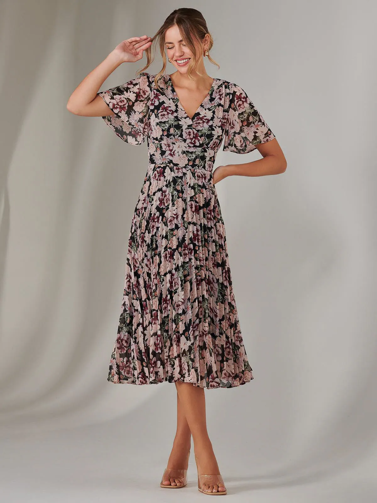 Chiffon Pleated Wrap Midaxi Dress, Black Floral