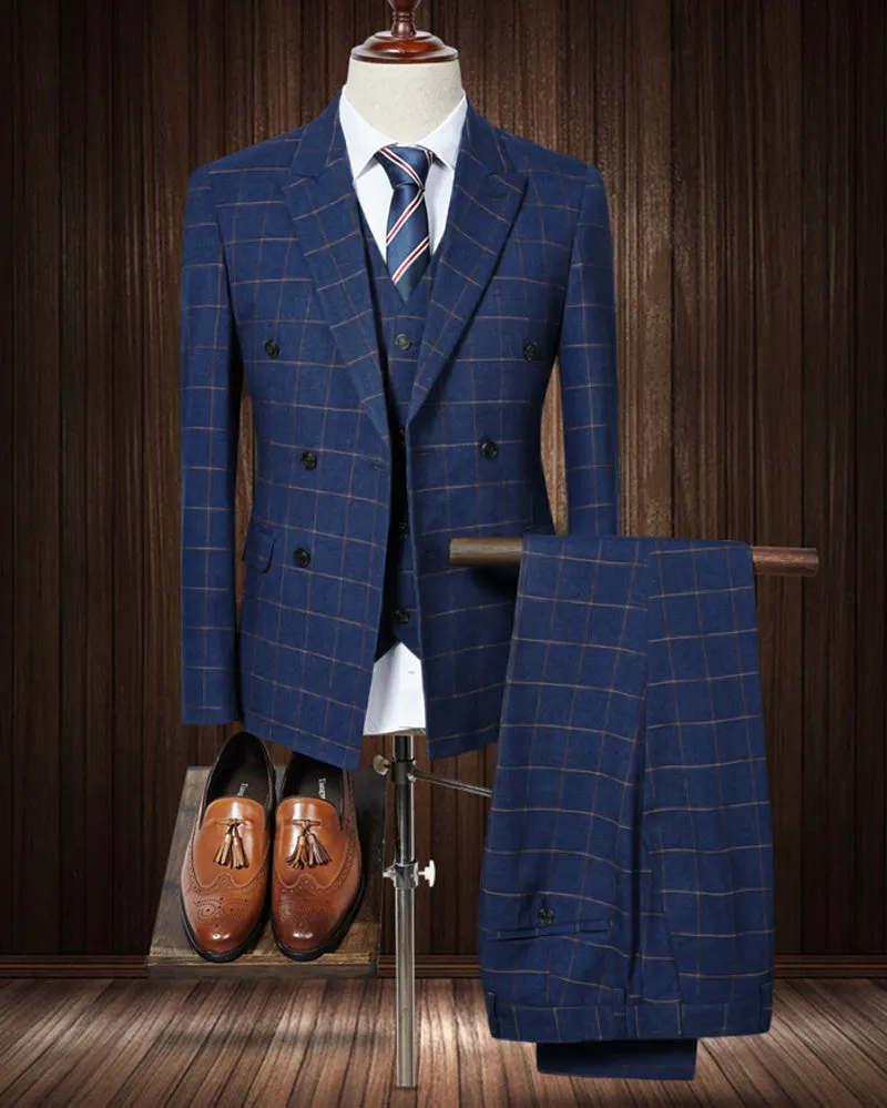 Classyby Navy Blue  Men Suit 2022 Slim Fit Mens Plaid checked Suits Groom Wedding Suit