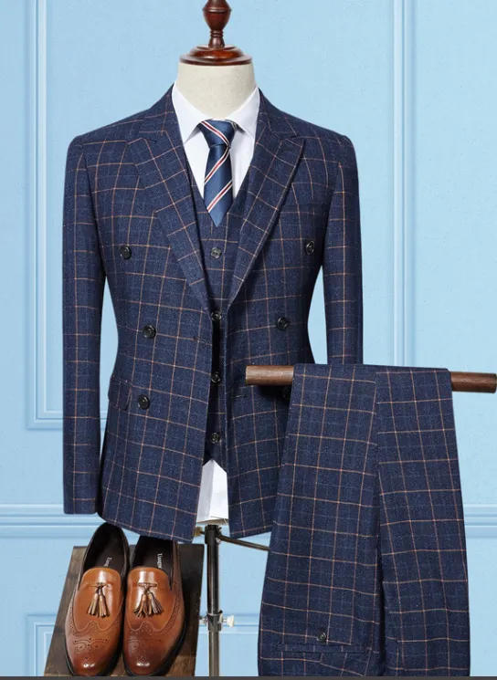 Classyby Navy Blue  Men Suit 2022 Slim Fit Mens Plaid checked Suits Groom Wedding Suit