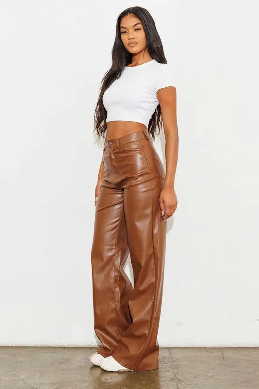 Cognac Leather Wide Leg Pants